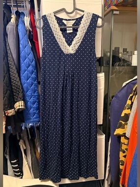Navy Polka Dot Sleep gown with Lace V-Neck